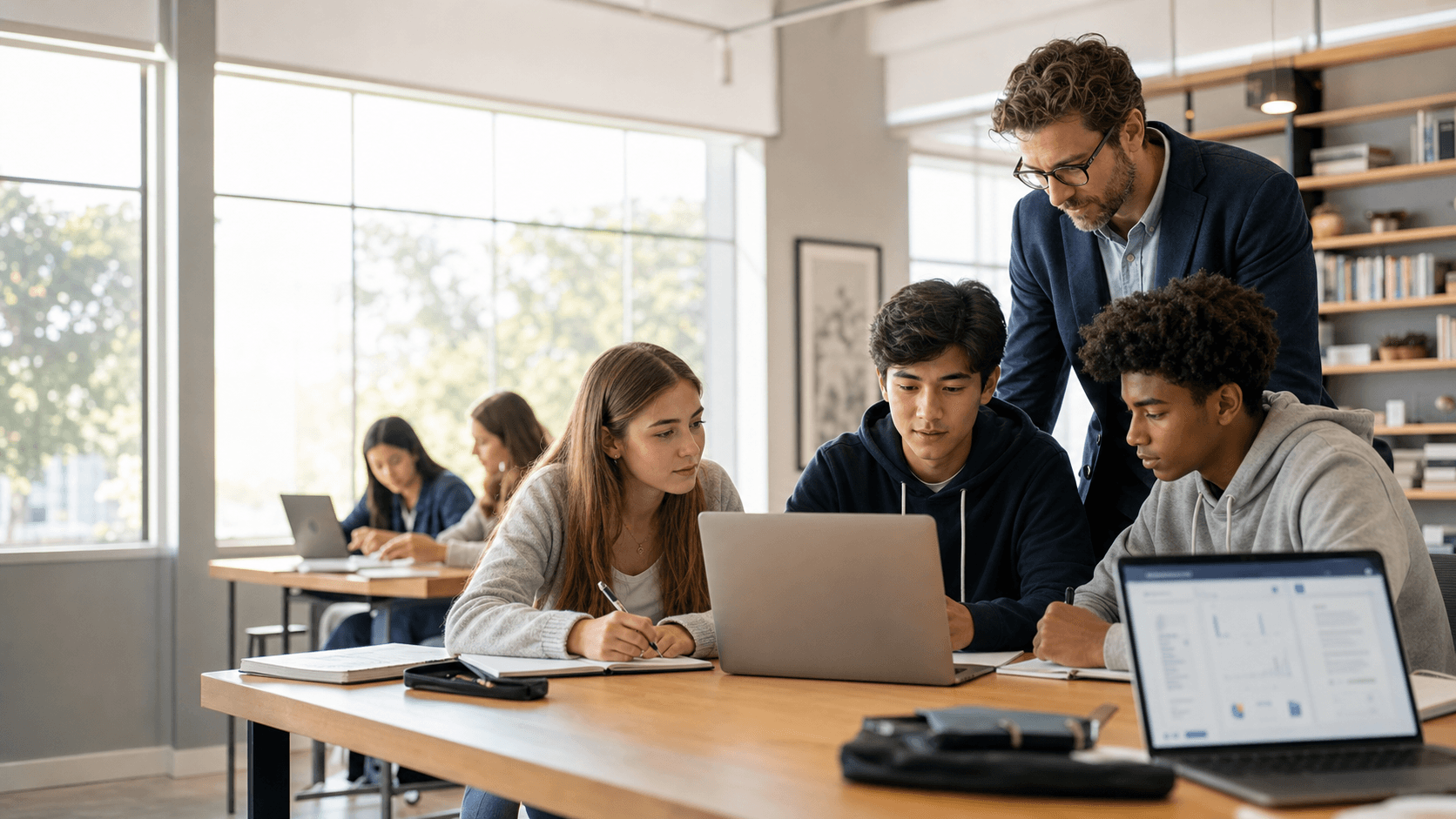 Students studying together in a modern online high school setting